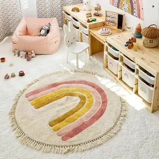 Tospass Kinderzimmer Teppich Regenbogen Weicher Rund Quasten Waschbarer Kinder Teppich Schlafzimmer Junge Mädchen Kurzflor rutschfest Teppich, 120 cm Rund