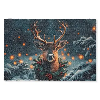 MuchoWow Fußmatte Hirsch - Weihnachten - Winter - Schnee - Weihnachtskranz, Rechteckig, innen Schmutzfangmatte, Tür, Schmutzfänger Flur, Teppich 60x40 cm 60 cm x 40 cm