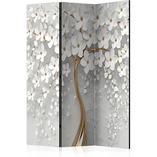 murando - Paravent Raumteiler Innen Blumen Magnolien 135x172 cm 3-teilig Einseitig Raumtrenner Trennwand Holz Room Divider Mobiler Sichtschutz Spanische Wand Orient Gold weiß b-B-0475-z-b