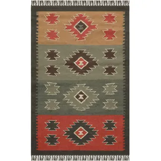 CASAVANI Kelim-Teppich, wendbarer Teppich, 5 x 7,6 cm, Rot/Schwarz, Wolle, Jute-Teppich, Südwestern, handgewebt, für drinnen und draußen, Flachgewebe, Teppiche für Wohnzimmer, Schlafzimmer,