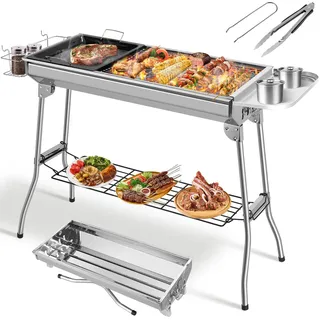TLGREEN Holzkohlegrill 118 * 33 * 72cm, Klappgrill aus Edelstahl, Campinggrill, Picknickgrill, Grill mit Antihaft-Pfanne, Stauraum & 4PCS Stützbein, für 5-10 Personen, Komplettes Zubehör