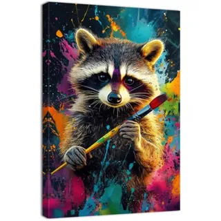 ZQQART Bunter Waschbär auf Leinwand Wandbild abstraktes Waschbär Gemälde Badezimmer Dekor Graffiti Tierbild Drucke Kinderzimmer Dekor gerahmt(Blau,30x45cm)