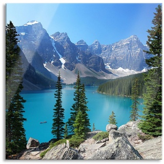 Pixxprint Glasbild Moraine Lake kanadische Berge, Moraine Lake kanadische Berge (1 St), Glasbild aus Echtglas, inkl. Aufhängungen und Abstandshalter beige|bunt 80 cm x 80 cm