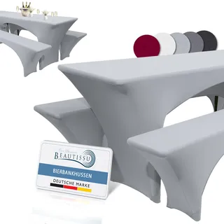 Beautissu Stretchhussen Set 3tlg. für Bierzeltgarnitur mit Biertisch | 220x70cm Grau elastische festliche Hussen für Edles Husse Bierbank Sitzbezug Tischdecke Victoria