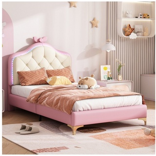 autolock Kinderbett Prinzessin rosa Kinderbett mit LED Dekoration 90 x 200 cm, rosa Schleife, mit mehrfarbigen, rosa Bettrahmen rosa