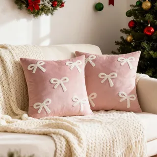 2 Stück Schleife Kissenbezug 45x45 cm, Moderne Kissenbezüge 3D Schleifen Deko, Zimmer Deko Aesthetic Plüsch Zierkissenbezüge für Schlafzimmer Wohnzimmer Deko, Geschenk Für Frauen und Mädchen (Rosa)
