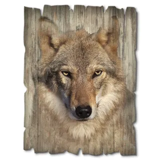 ARTland Wanddeko Bild aus Holz Holzbild vintage Deko 30x40 cm Hochformat Natur Wald Tiere Wolf Braun T1DQ