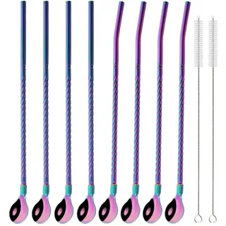 Edelstahl Trinkhalme 10 Teile/satz Stroh Löffel Tragbare Gold Tee Scoop Wiederverwendbare Farbige Edelstahl Strohhalme Geschirr Set(Rainbow)