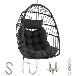 GOPLUS Hängesessel mit Kissen, Hängeschaukel bis 150kg Belastbar, Hängestuhl eiförmig aus PE Rattan, Hängekorb Sessel wetterfest, Hängesitz klappbar für Indoor Outdoor Garten, Grau