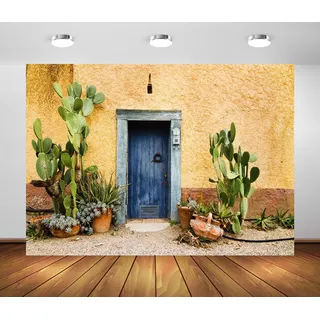 BELECO 2.5x1.8m Stoff Mexiko Retro Haus Hintergrund Alte Blaue Holztür mit Kakteen Tequila Pflanzen Vintage Gelbe Wand Mexikanisches Thema Western Cowboys Arizona Requisiten