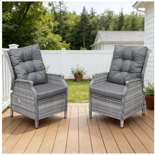 HOMECALL Esszimmerstuhl Rattan Gartensessel verstellbar, Rattansessel, Essstuhl Lounge Sessel (verstellbarer Rückenlehne, wetterfest, dick gepolsterte Kissen, 2 St), für Garten, Balkon & Terrasse, COMLAX FIELD grau
