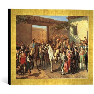Gerahmtes Bild von Manuel Castellano EL Patio de caballos en la Plaza de Toros de Madrid Antes de UNA Corrida, Kunstdruck im hochwertigen handgefertigten Bilder-Rahmen, 40x30 cm, Gold Raya