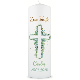 GRAVURZEILE Bedruckte Kerze - Taufkerze Eukalyptus Kreuz - brilliant bedruckte Kerze zur Taufe - Personalisiertes Taufgeschenk für Mädchen & Jungen - Hochwertige Stumpenkerze 250/80 mm