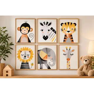 Kinderzimmer Wandbilder 6er Set Safari Tiere 30x21 cm Poster Leinwandoptik Affe Löwe Giraffe Zebra Tiger Elefant Wanddeko Babyzimmer