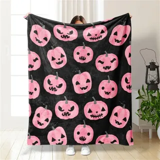 Surwin Halloween Decke, Kürbis Decke Flauschig Halloween Blanket Süße Kuscheldecke Herbst Decke Halloween Aesthetic Decke Halloween Kuscheldecke Pumpkin Geist Decke (rosa Kürbis,130x150cm)