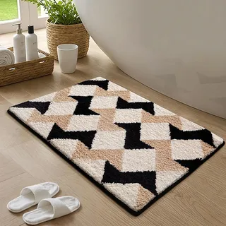 Badezimmermatte Schwarz Beige Geometrie Bath Mat Mikrofaser Badmatte Waschbar Badezimmerteppich rutschfest Badematte Schnelltrocknend Badezimmermatten Verdicken Badmatten Badvorleger 40x60cm