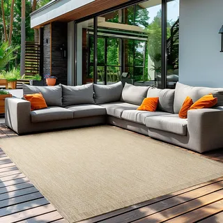 Teppium Modern Outdoor Teppich Wetterfest 240 x 340 cm Beige- Flachgewebe Sisaloptik Balkon Teppich Wasserfest - Waschbarer Teppich für Garten, Terrasse, Camping und Küche