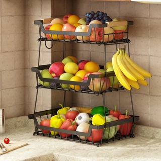 GILLAS Obstkorb mit 3 Etagen und 2 Bananenaufhängern für die Küche, abnehmbarer Metall-Organizer für Brot, Gemüse, Obst, mit Holzgriff, große Kapazität, rechteckiger Aufbewahrungsständer, Schüsseln,