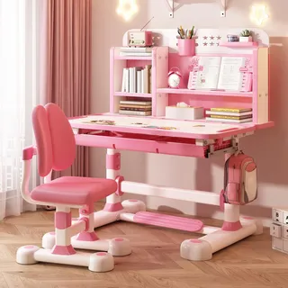 Worparsen Upgraded Kinderschreibtisch,höhenverstellbar, Schüler-Schreibtisch und Stuhl, Kinderschule, Studiertisch mit Schubladenablagen, Bücherregal, Studienstuhl und Schreibtisch für Kinder (Rosa a)