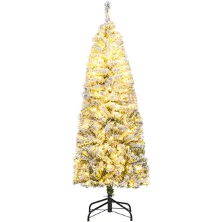 COSTWAY Weihnachtsbaum künstlich schmal 150 cm mit Beleuchtung und Schnee | Bleistift Tannenbaum mit 180 warmweißen LEDs, 8 Lichtmodi, 329 Spitzen & Metallständer, schneller Aufbau, Christbaum, weiß