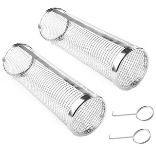 2 Stück Edelstahl Rollender Grillkorb, Rolling Grillkorb Zylindrischer, Grillkorb Edelstahl Rollender, BBQ Grill Rack für Außengrill Gemüse, für Grill im Freien, Gemüse, Fisch, Fleisch