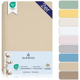 BARBONS Spannbettlaken 60x120 für Baby, Jersey Bettlaken Babybett, Kinderbett, (2 Stück), 100% Baumwolle goldfarben 60/70 cm x 120/140 cm