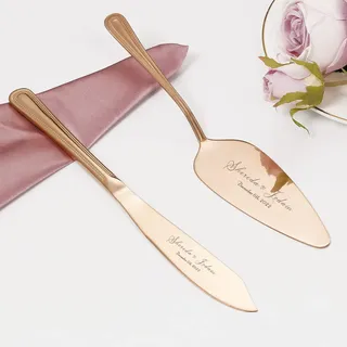 Tortenheber inkl. Tortenmesser im Set mit Gravur, Personalisiertes Hochzeitstortenmesser Servierset, Kuchenschneideset Edelstahl, Torten Kuchen Besteck, Hochzeit, Jahrestag, Geburtstag (Roségold)