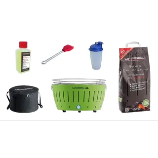 LotusGrill XL Starter-Set 1x XL Grill Limettengrün mit USB-Anschluß, 1x Buchenholzkohle 2,5 kg, 1x Brennpaste 200ml, 1x Marinierpinsel, 1x Dressingshaker, 1x Transport-Tasche XL