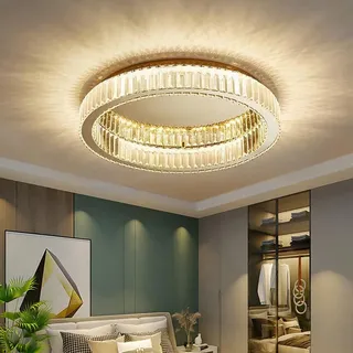 Deckenleuchte Gold Kristall Wohnzimmer Lampe 50cm Modern Nordeuropa Deckenlampe Schlafzimmer LED Dimmbar 3-Farben Lampe Landhaus Rustikale Pendelleuchte Beleuchtung für Arbeitszimmer Büro Esszimmer