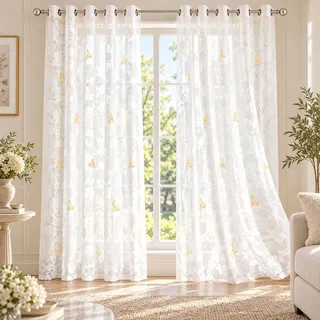 2er Set Gardine Vorhang Halbtransparent B140xH245cm Ösenschal Tüll Fenstervorhang mit Schmetterling & Blumen Deko Wohnzimmer Schlafzimmer Weiß - Weiß