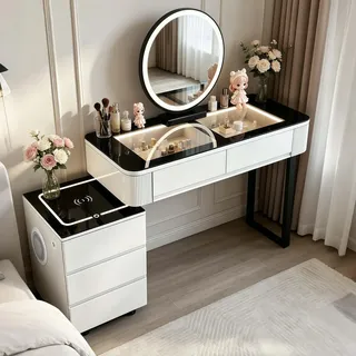 ANHFYS Schminktisch mit Spiegel und Glasplatte, Vormontiert | Modern Multifunktionaler Frisierkommode mit 5 Schubladen für Schlafzimmer, Einfach zu Montieren, 100x40x76cm