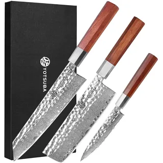 YOTSUBA 3-teiliges japanisches Damastmesser-Set mit Rosenholz-Griff | Nakiri Messer und Allzweckmesser, 67 Lagen Damaststahl, präzises Schneiden