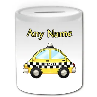 Personalisiertes Geschenk – Gelb Taxi Spardose (Design Thema, weiß) – Für jede Nachricht/Name auf Ihrem Einzigartig – Hackney Kutsche Hack Fahrzeug Automarke Buenos Treiber Private Public Hire Uber Cab TAXICAB