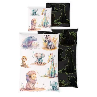 Carpe Sonno Kinderbettwäsche 135x200 +10 SPIELE +KINDERBUCH Baumwoll Bettwäsche Kind Jungen Mädchen, Renforcé, 2 teilig, Tiermotiv Kinder Bettwäsche Löwe Nilpferd Elefant Giraffe Zebra Affe weiß
