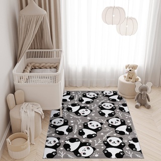 TAPISO Pinky Teppich Kurzflor Grau Schwarz Weiß Modern Panda Bär Teddy Design Kinderzimmer Kinderteppich Spielteppich ÖKOTEX 80 x 150 cm