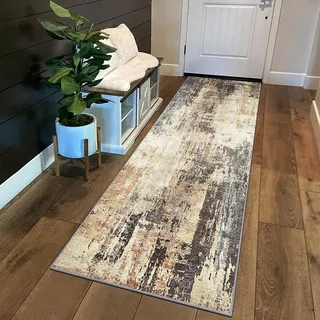 Siunwdiy Läufer Teppich Lang Braun Beige 70x140cm,Moderne Abstrakte Muster,Flur Läufer rutschfest Waschbar,Läuferteppich TeppichLäufer Küchen Korridor Polyester Anpassbar Meterware