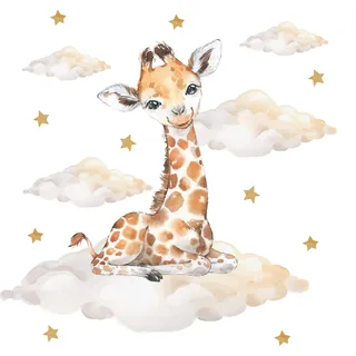 Pandawal Kinderzimmer Deko Wandtattoo Giraffe mit Wolken Sterne Junge Mädchen Wandsticker Baby Safari Tiere Wandaufkleber (L, Giraffe)