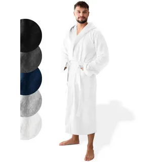 SIEGENTHAL Herrenbademantel 100% Baumwolle Frottee Velours mit Kapuze Wadenlang Wellness und Spa, Kapuze, Bindegürtel, Wadenlang, 2x Taschen, 100% Baumwolle, weich und elegant weiß XL/XXL