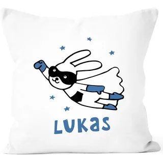 SpecialMe® Kissen-Bezug Kinder mit Namen Hase Superheld Namenskissen Mädchen Jungen personalisiertes Geschenk Baby Weiss 40cm x 40cm