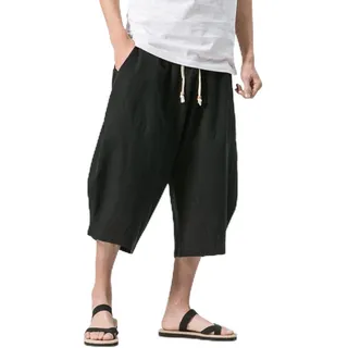 Bywenzai Kurze Hose Männer Baumwolle Leinen Einfarbig Elastische Taille Shorts T Herren Hip-Hop Atmungsaktiv Lässig 3/4 Hosen Japanische Und Koreanische Yogahosen