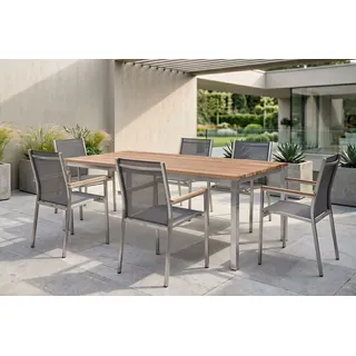 STERN Cardiff Garten-Essgruppe, silber/silbergrau, Edelstahl/Teak, Tisch 200 x 100 cm, 6 Stapelsessel