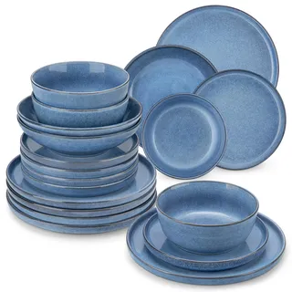 Steingut Geschirrset 12 Personen, vancasso ANYA Blau Teller Set Modern 48 teilig,Tafelservice mit Speiseteller, Suppenteller, Desserttellern, Schüsseln, Geschirr Set Spülmaschinen und Mikrowellenfest