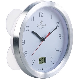 St. Leonhard Badezimmer Uhr: Badezimmer-Funk-Wanduhr mit Thermo- und Hygrometer, Alu-Rahmen, Weiß (Badezimmeruhr mit Thermometer, Quarz-Baduhr, Digital analog)