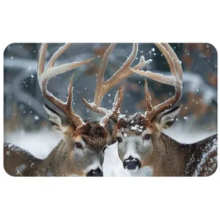 JKSEEPYN Fußmatte mit Hirsch im schönen Schnee, 80 x 49 cm, für drinnen und draußen, saugfähig, rutschfeste Fußmatte für Vorder- und Hintertür
