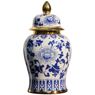 Blaue Und Weiße Porzellan-Ingwer-Glas-Gold-chinesischer Keramischer Vase Mit Deckel, Traditioneller Chinoiserie-Tempel-Jar-dekorativer Vase-Ming-Stil, for Home-Mittelstück-Dekoration (Größe : L)