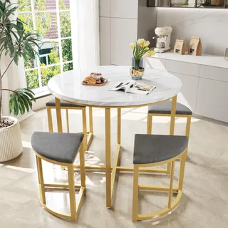 Merax Essgruppe mit runden Esstisch und 4 Hockers, modernes Marmor-Muster Tischplatte, kuschelige Samt Stühle, platzsparendes Design für Esszimmer, Küche, Wohnzimmer, grau