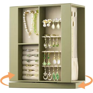 pickpiff Schmuckkästchen Organizer für Frauen: 360 Grad drehbare vertikale Aufbewahrungsbox, schwarzes Leder mit Rouge-Samt, Ring-Halskette, Armbandhalter, Geschenk-Dekor, 25,4 x 22,1 x 9,9 cm
