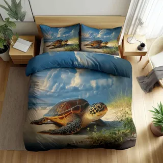 Bettwäsche Küste Natürliche 135 x 200 cm Meeres Tier Strand Schildkröte Bettbezug, 3teilig Wende Winterbettwäsche Set mit Kissenbezug 80x80 cm - Atmungsaktiv, Warm & Hautfreundlich Deckenbezug