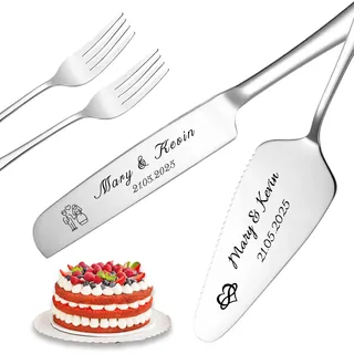 Personalisierte Tortenheber inkl Tortenmesser im Set mit persönlicher Gravur Name und Text Tortenschaufel Hochzeit Personalisiert als Geschenk zur Hochzeit Jahrestag Geburtstag (Silber - tortenmesser)
