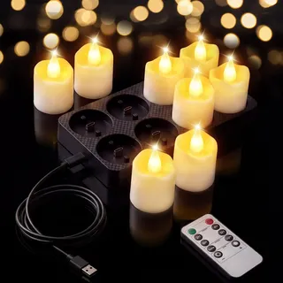 Ollny 8er LED Teelichter Wiederaufladbar mit Timer & Fernbedienung | Ladestation, Dimmbar, Flackernd, Lange Akkulaufzeit, Elektrische USB LED Kerzen für Hochzeit, Weihnachten, Halloween, Deko